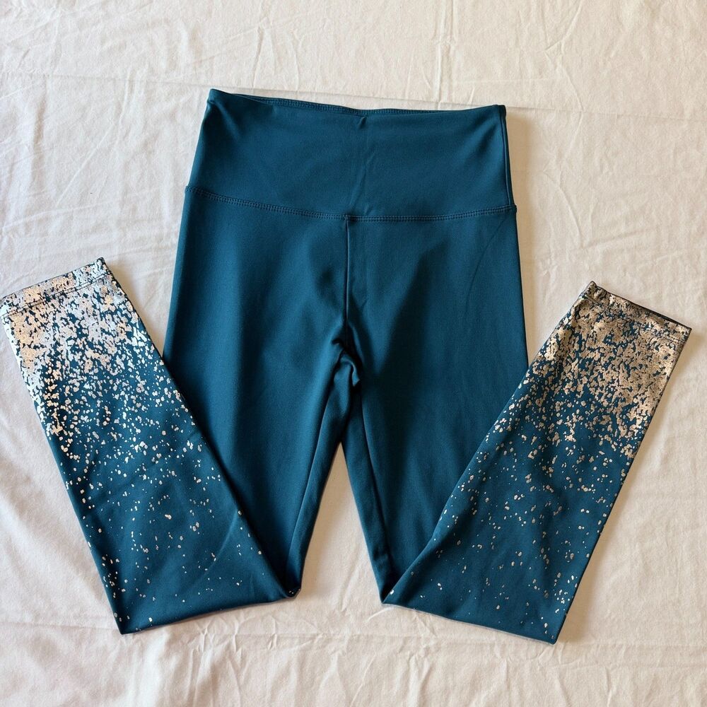 Marika Leggings Size Small Teal Silver Metallic Foil Splatter High Rise 24"